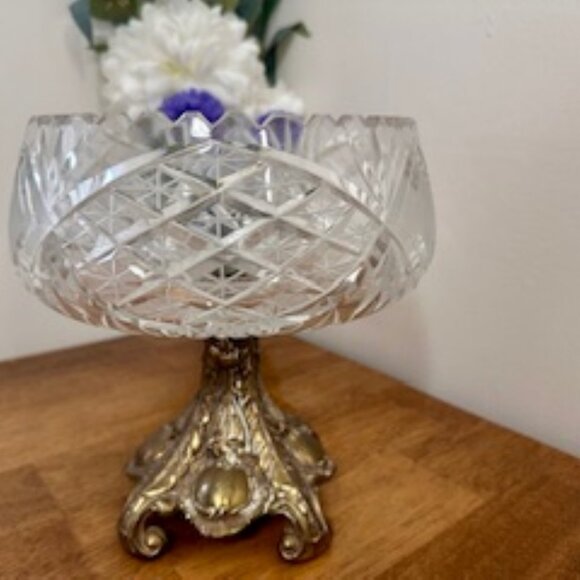 Vintage Cut Crystal Compote with Ornate Metal Base Heavy Pressed‎ Glass Pedestal - Picture 2 of 5